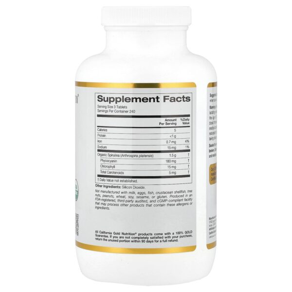 Organic Spirulina with Phycocyanin, Chlorophyll, and Carotenoids, 500 mg, 720 Tablets – Image 2
